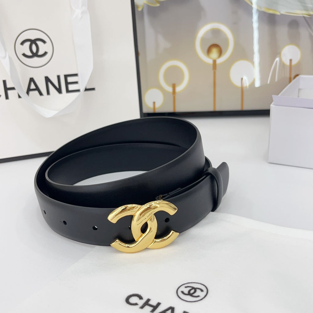 CHANEL DOUBLE C BELT 30MM IN BLACK CALFSKIN WITH SHINY GOLD BUCKLE
