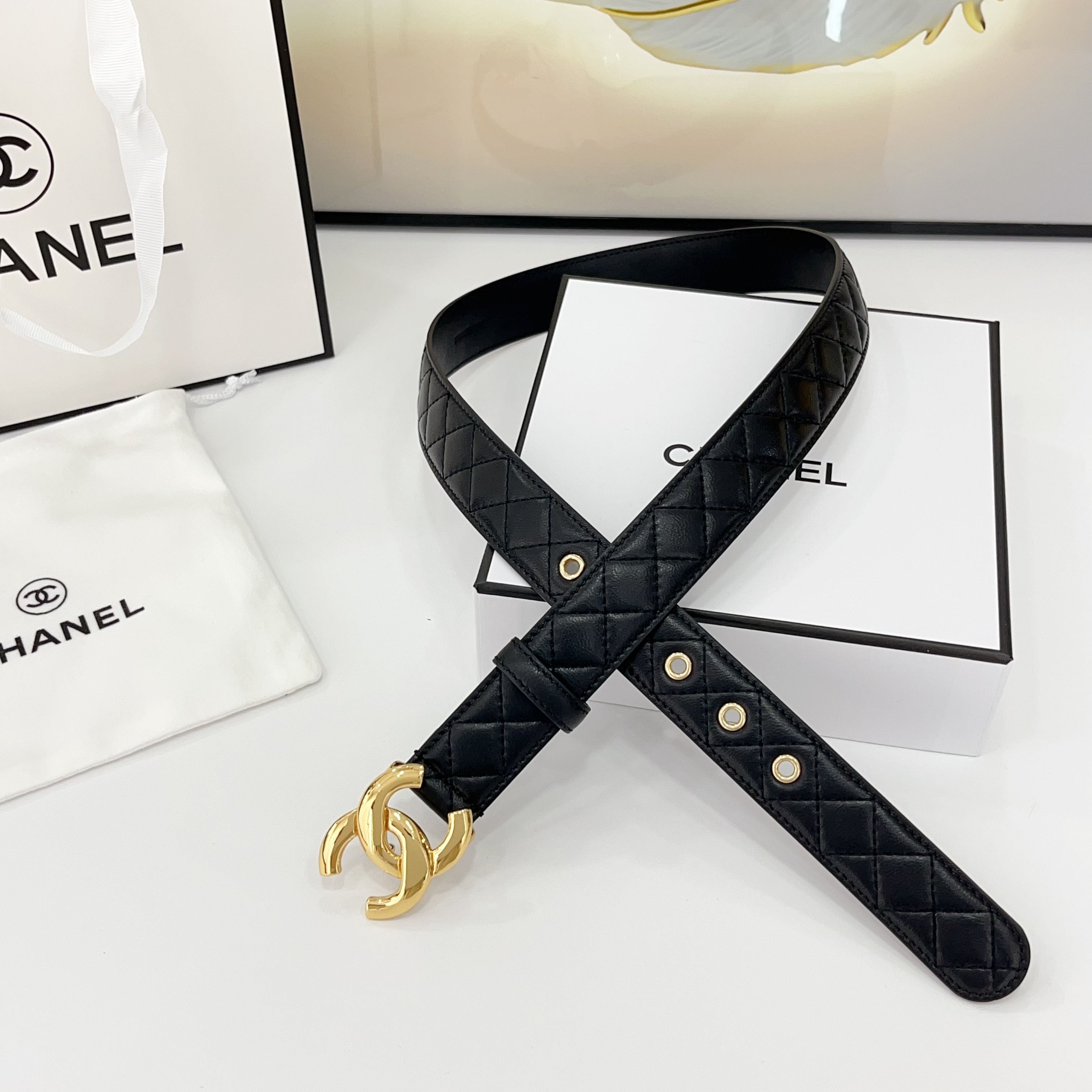 CHANEL DOUBLE C BELT 30MM IN BLACK QUILTED LEATHER WITH GOLD BUCKLE