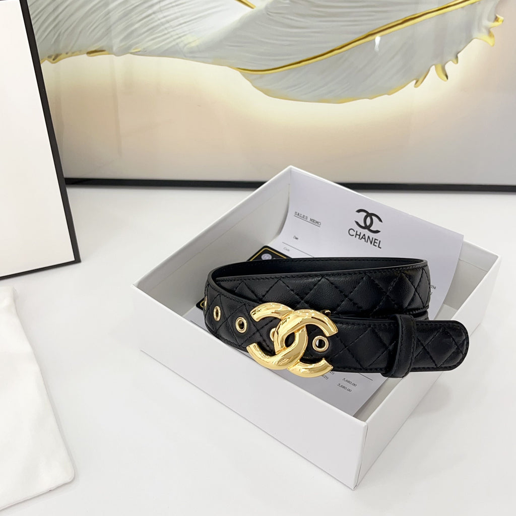 CHANEL DOUBLE C BELT 30MM IN BLACK QUILTED LEATHER WITH GOLD BUCKLE