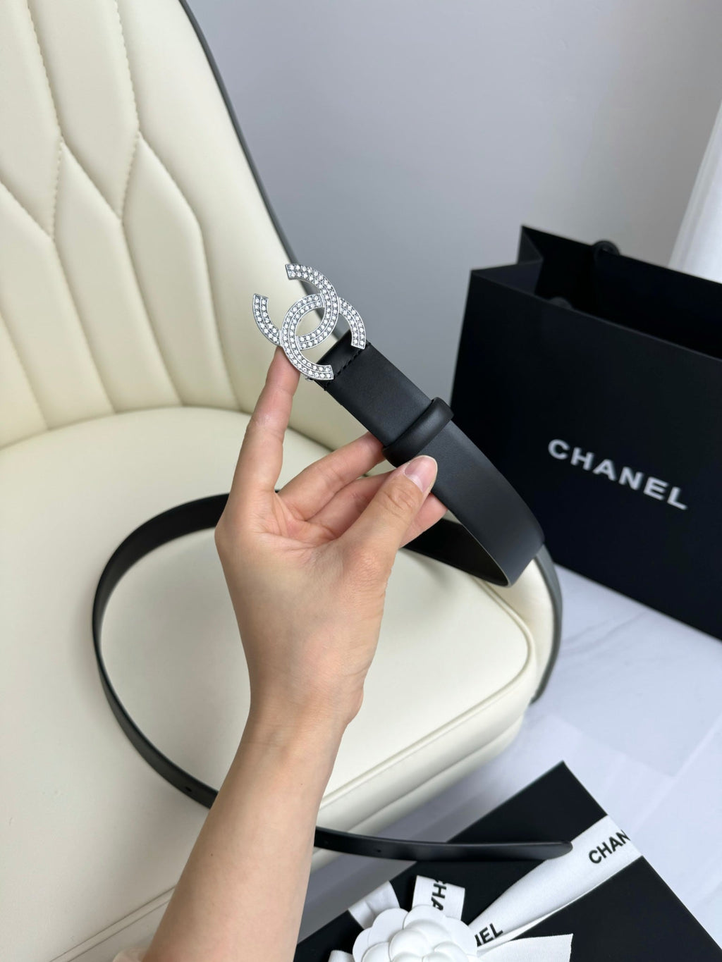 CHANEL BELT 30MM IN BLACK SMOOTH CALFSKIN SILVER HARDWARE ATTACH RHINSTONES