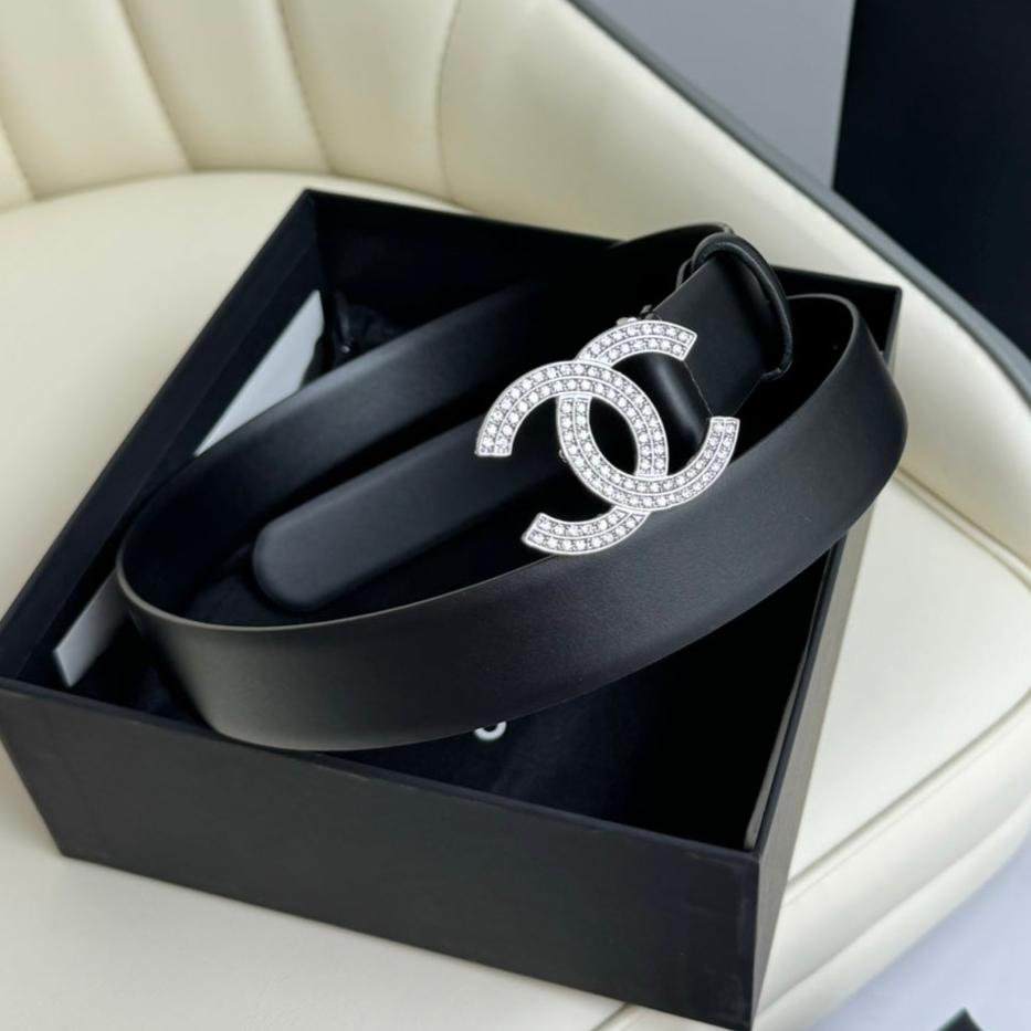 CHANEL BELT 30MM IN BLACK SMOOTH CALFSKIN SILVER HARDWARE ATTACH RHINSTONES