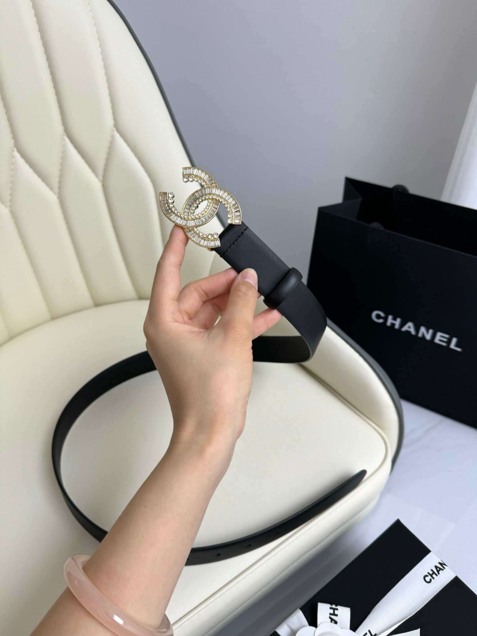 CHANEL BELT 30MM IN BLACK SMOOTH CALFSKIN GOLD HARDWARE ATTACH RHINSTONE