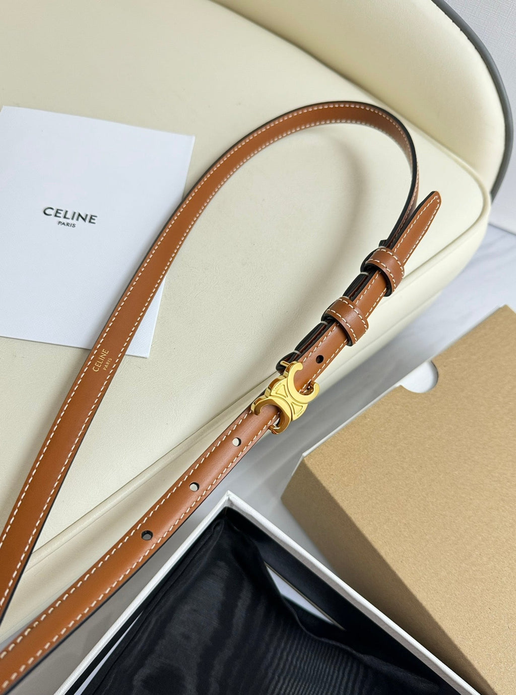 CELINE MINI TRIOMPHE BELT 13 MM BRONZE BROWN LEATHER GOLD HARDWARE