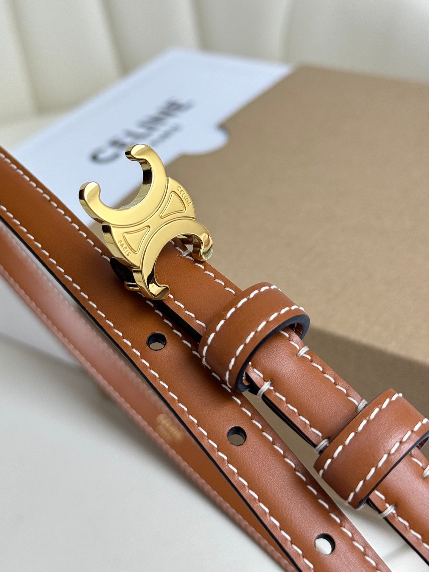 CELINE MINI TRIOMPHE BELT 13 MM BRONZE BROWN LEATHER GOLD HARDWARE
