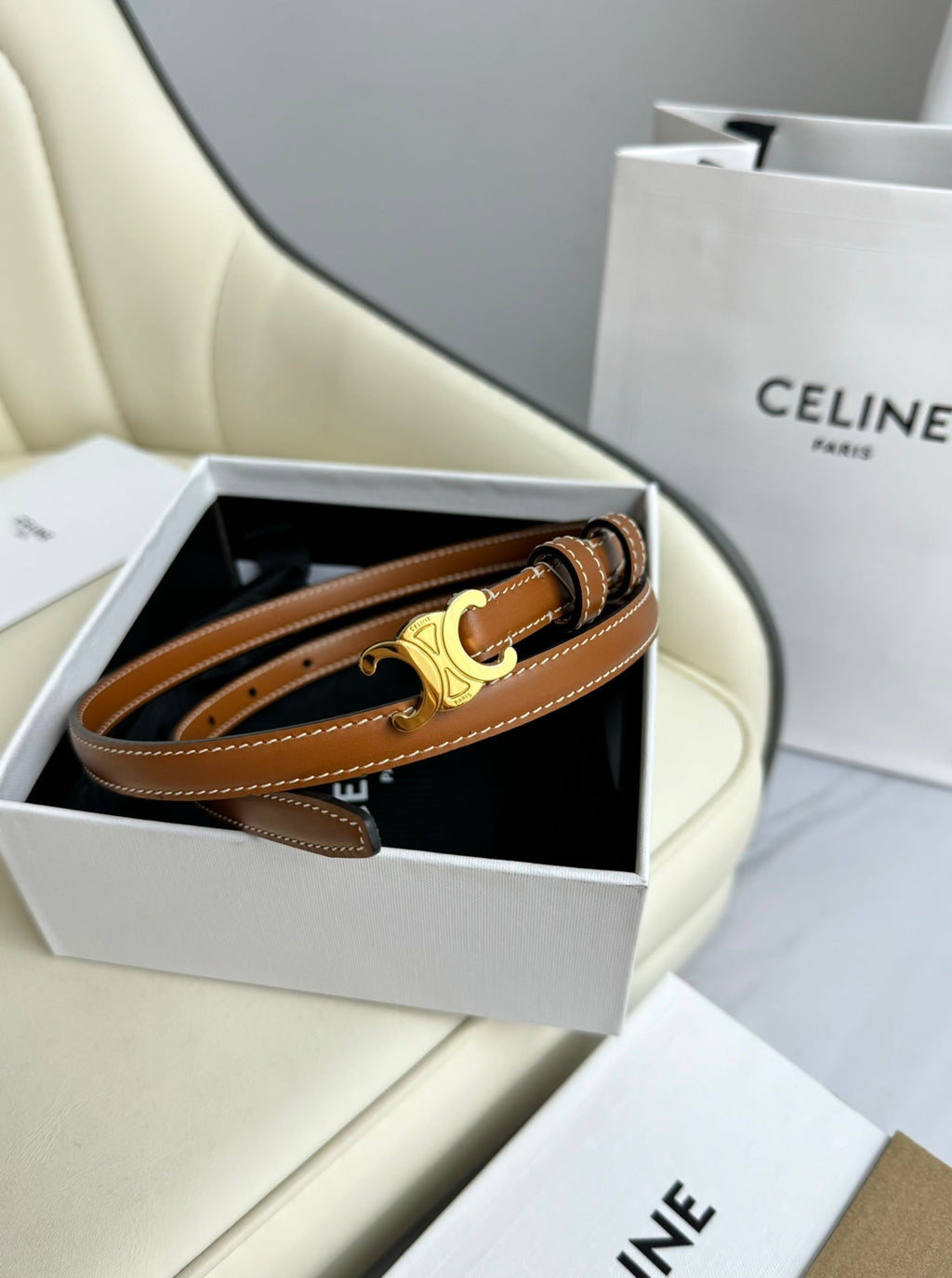 CELINE MINI TRIOMPHE BELT 13 MM BRONZE BROWN LEATHER GOLD HARDWARE