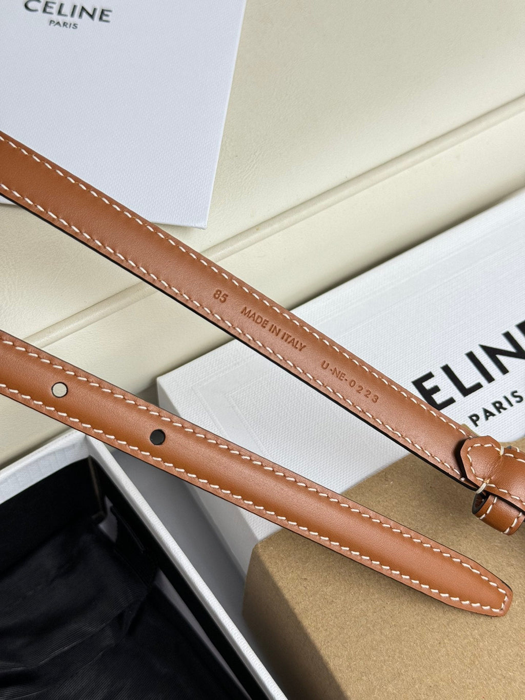 CELINE MINI TRIOMPHE BELT 13 MM BRONZE BROWN LEATHER SILVER HARDWARE