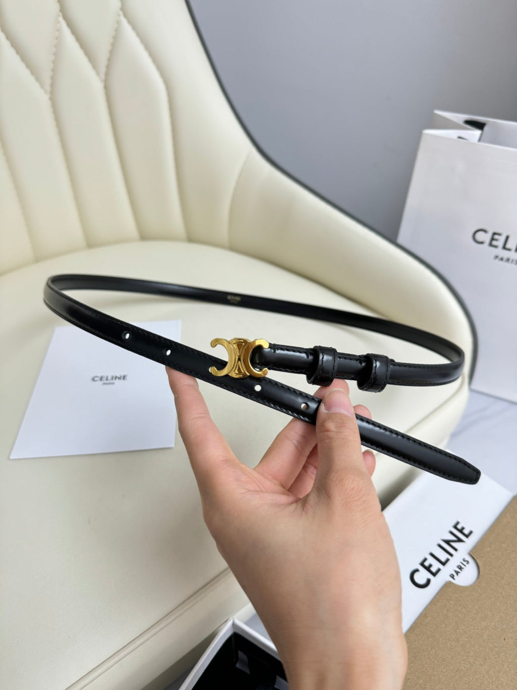 CELINE MINI TRIOMPHE BELT 13 MM BLACK LEATHER GOLD HARDWARE