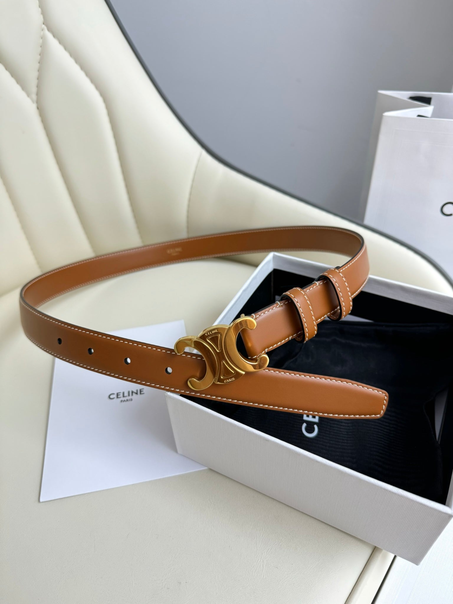 CELINE MEDIUM TRIOMPHE BELT 25MM BRONZE BROWN LEATHER GOLD HARDWARE
