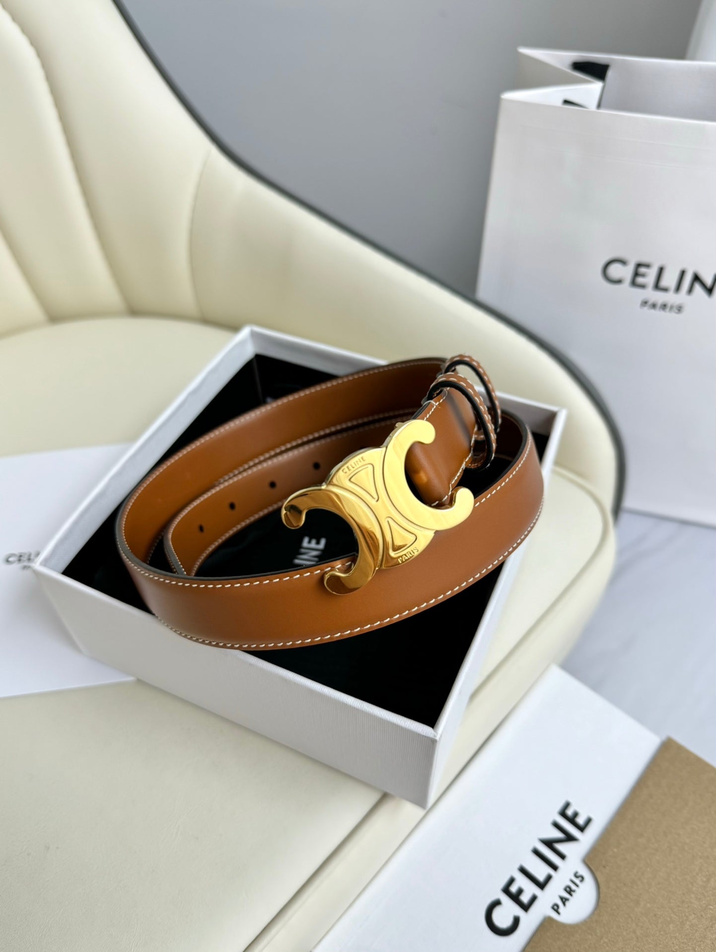 CELINE MEDIUM TRIOMPHE BELT 25MM BRONZE BROWN LEATHER GOLD HARDWARE