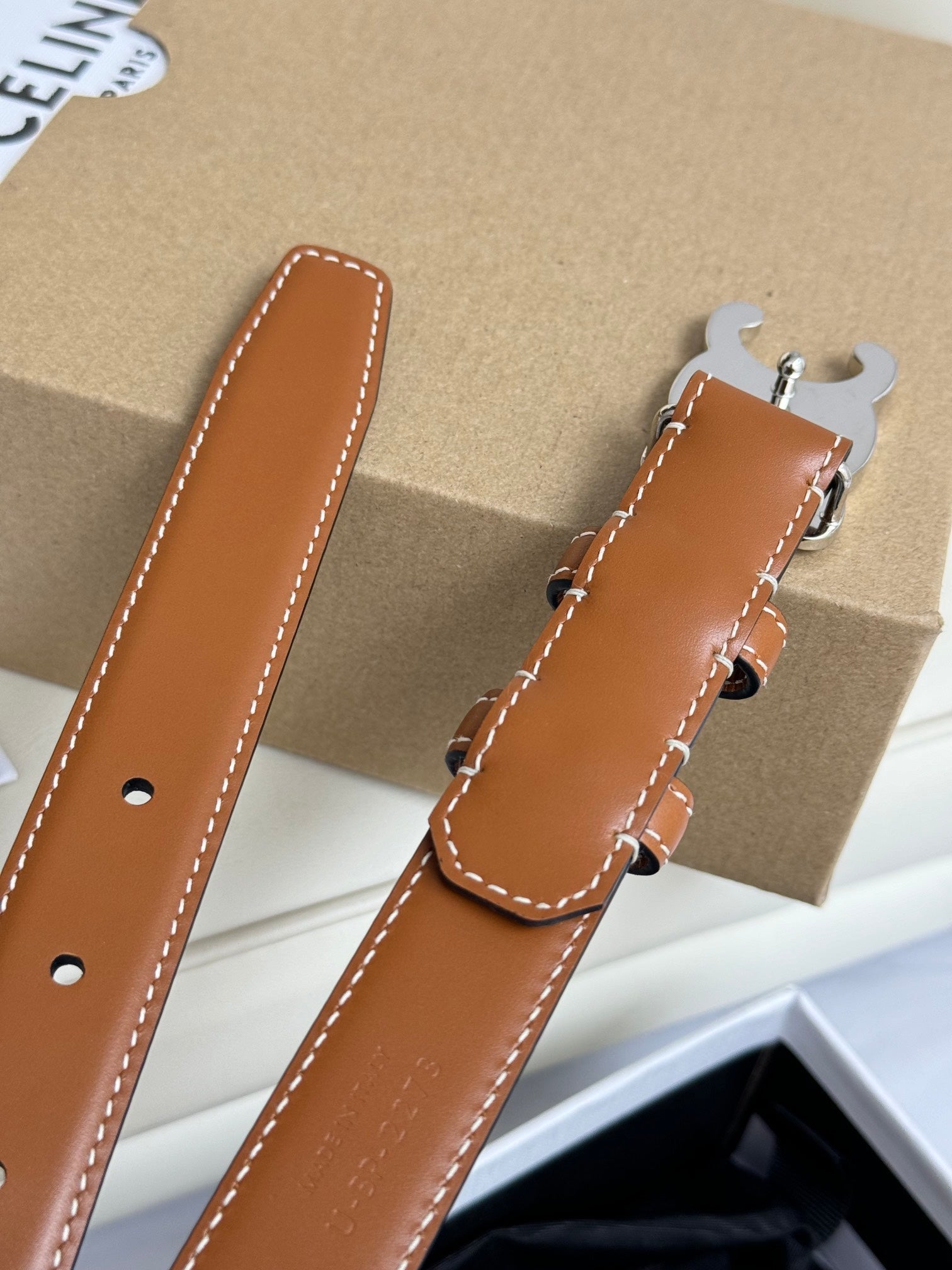 CELINE MEDIUM TRIOMPHE BELT 25MM BRONZE BROWN LEATHER SILVER HARDWARE