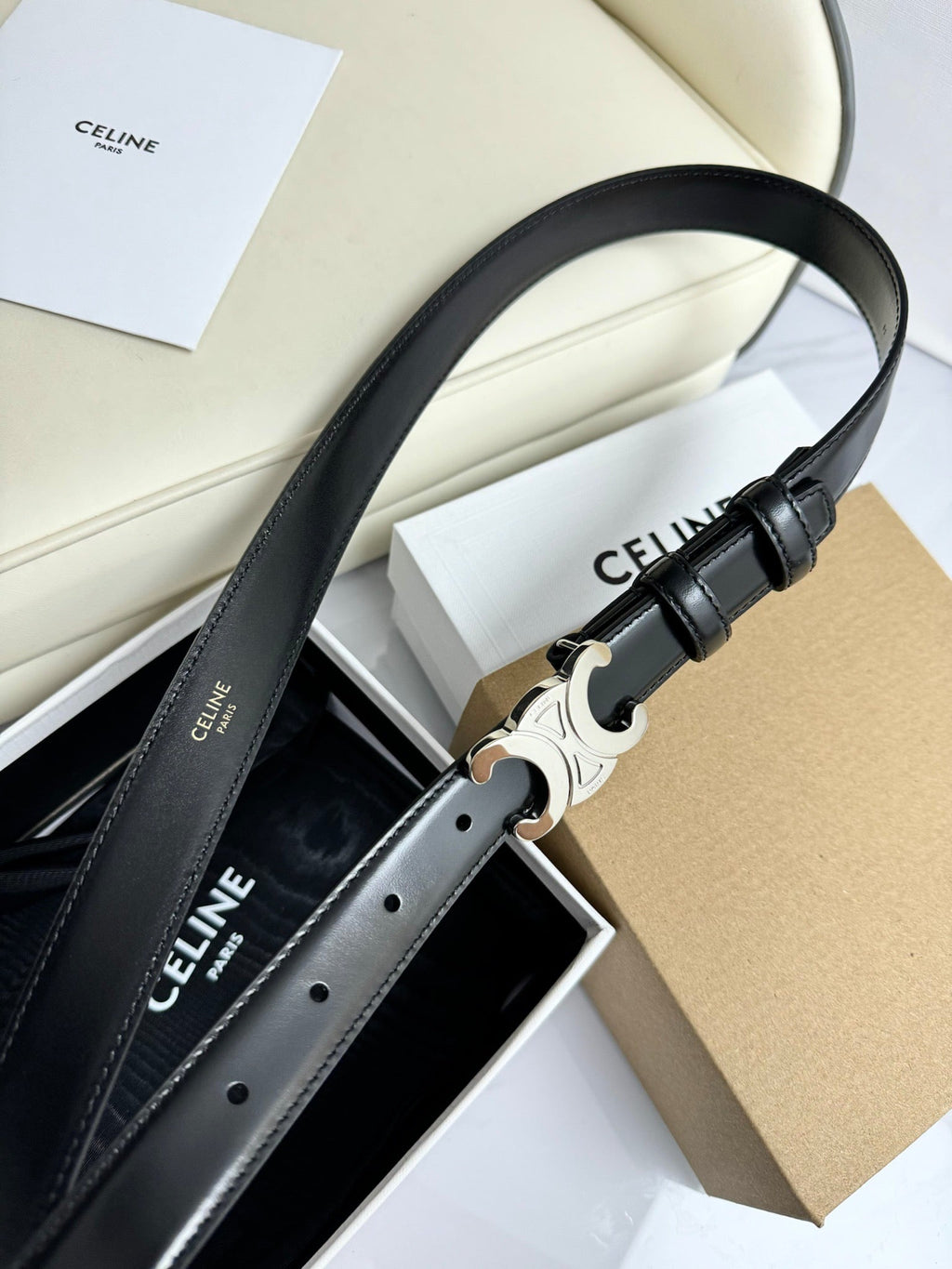 CELINE MEDIUM TRIOMPHE BELT 25MM BLACK LEATHER SILVER HARDWARE