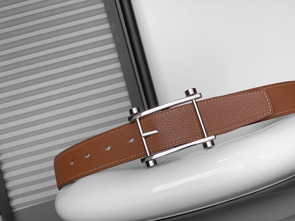 HERMES REVERSIBLE BLACK AND BRONZE BROWN LEATHER STRAP 32 MM SILVER HARDWARE