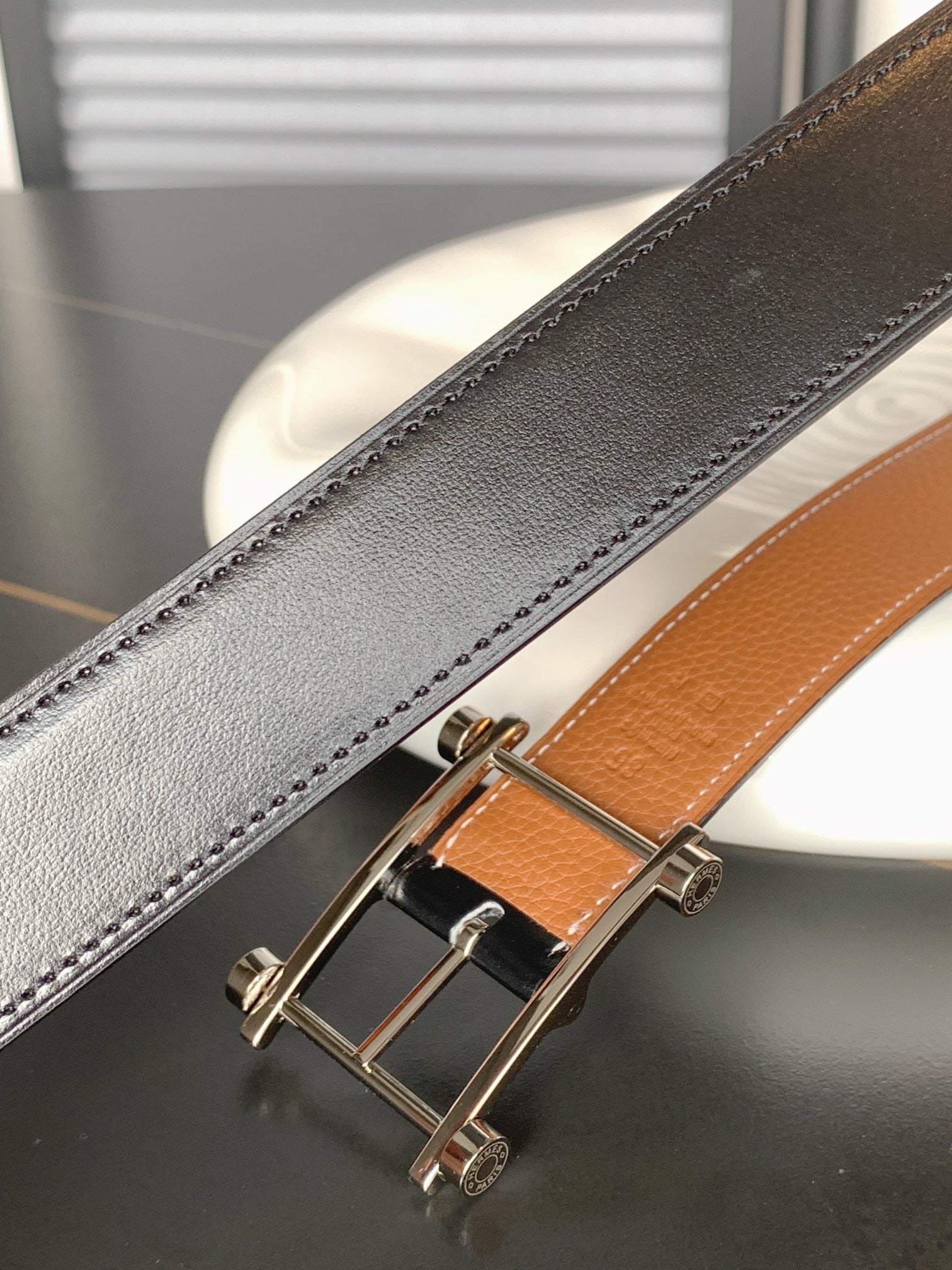 HERMES REVERSIBLE BLACK AND BRONZE BROWN LEATHER STRAP 32 MM SILVER HARDWARE