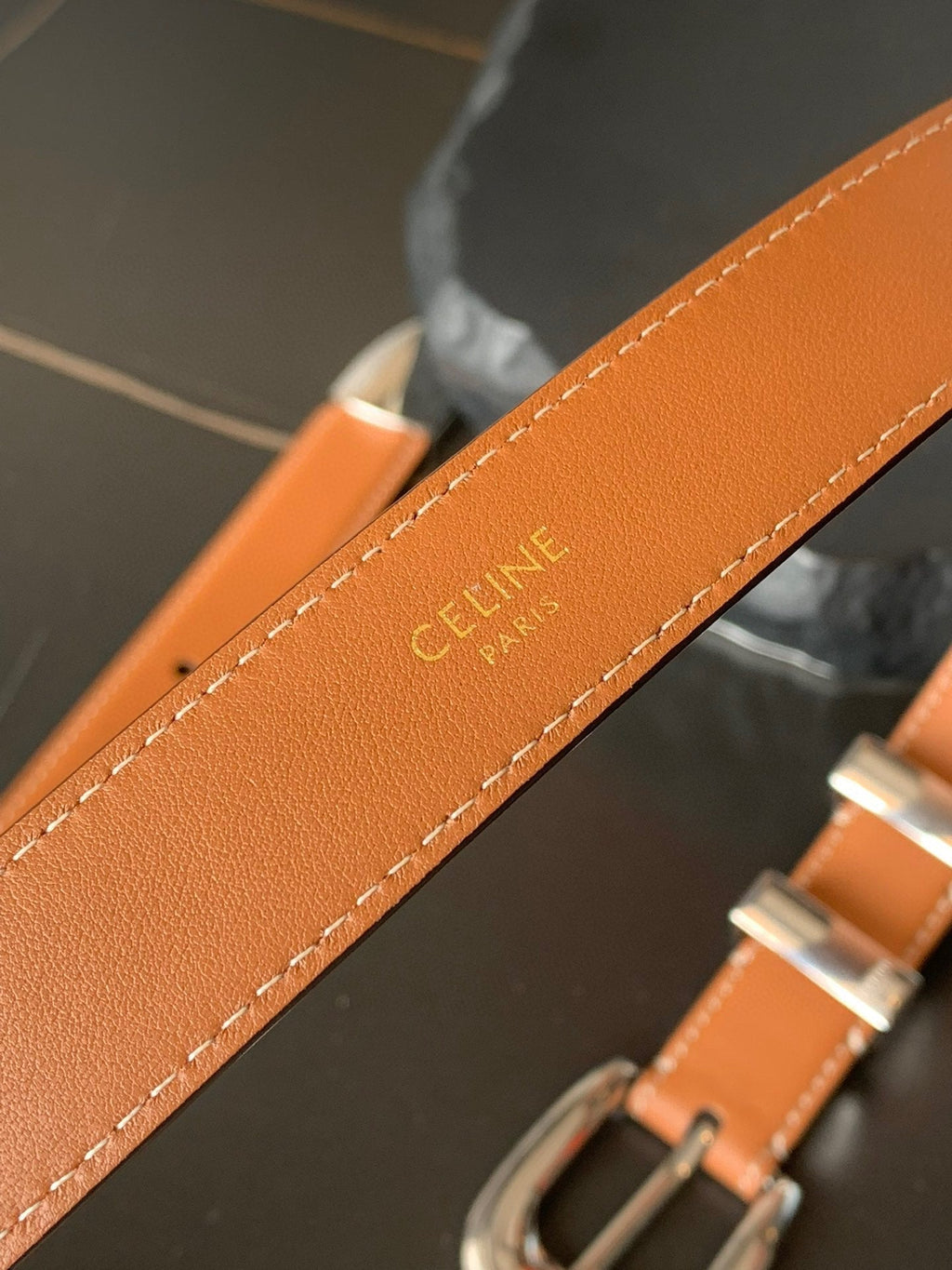 CELINE BELT 25MM MEDIUM WESTERN IN BROWN CALFSKIN SILVER BUCKLE