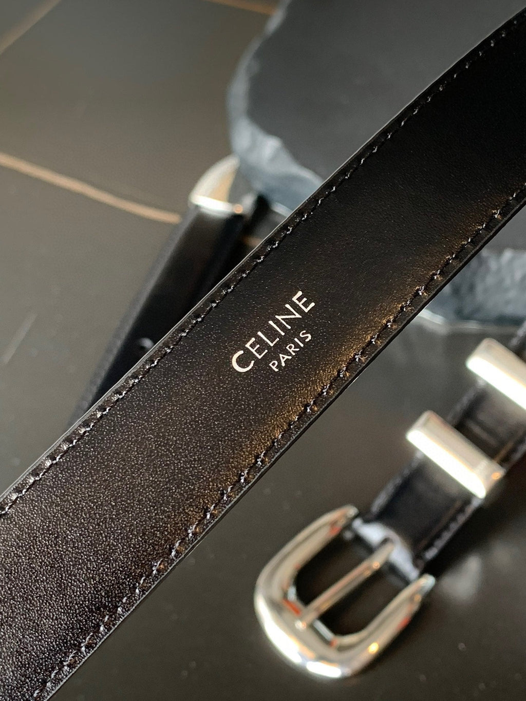 CELINE BELT 25MM MEDIUM WESTERN IN BLACK CALFSKIN WITH SILVER BUCKLE