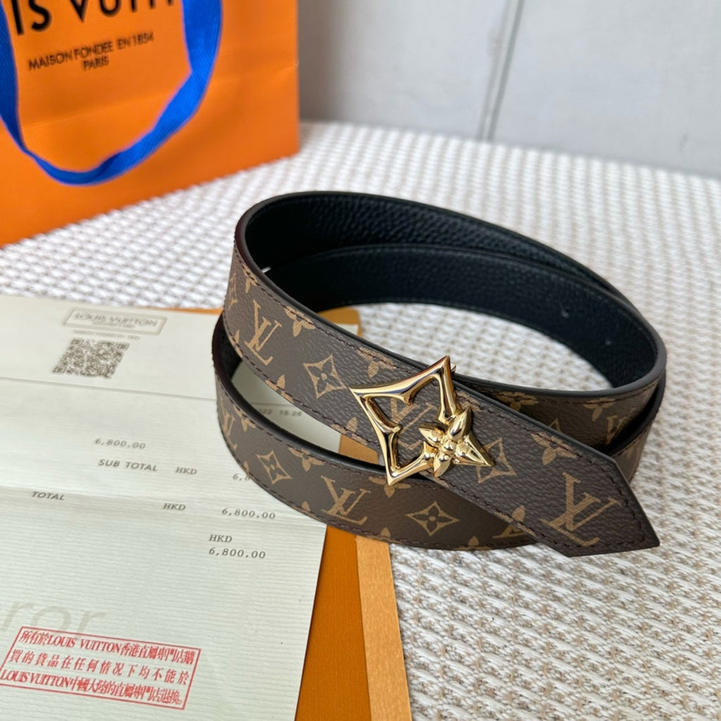 LOUIS VUITTON LV FLOWERGRAM 30MM REVERSIBLE BELT IN BLACK CALFSKIN GOLD HARDWARE