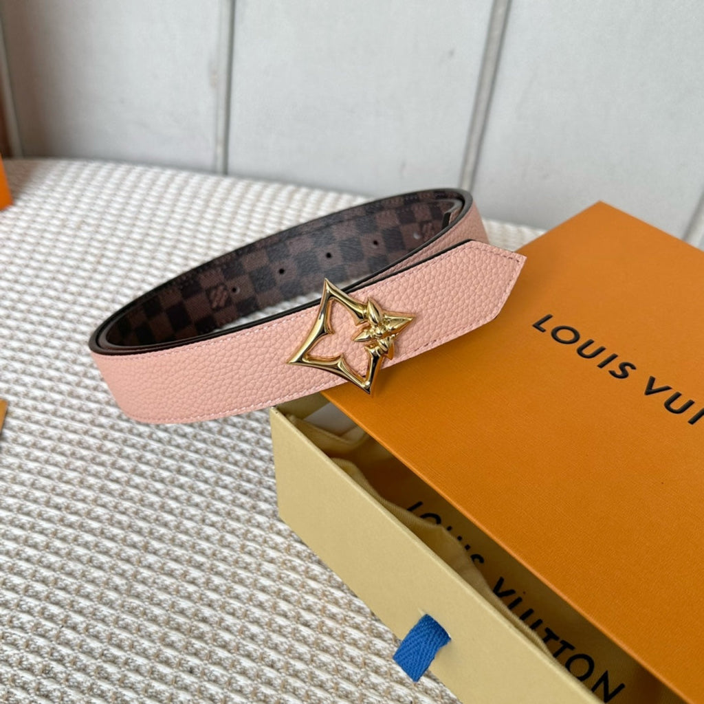 LOUIS VUITTON LV FLOWERGRAM 30MM REVERSIBLE BELT IN LIGHT PINK CALFSKIN GOLD HARDWARE