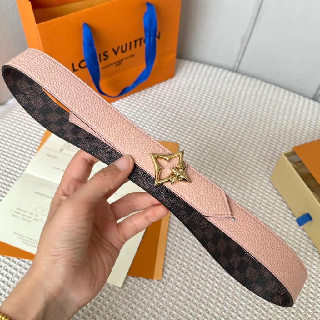 LOUIS VUITTON LV FLOWERGRAM 30MM REVERSIBLE BELT IN LIGHT PINK CALFSKIN GOLD HARDWARE