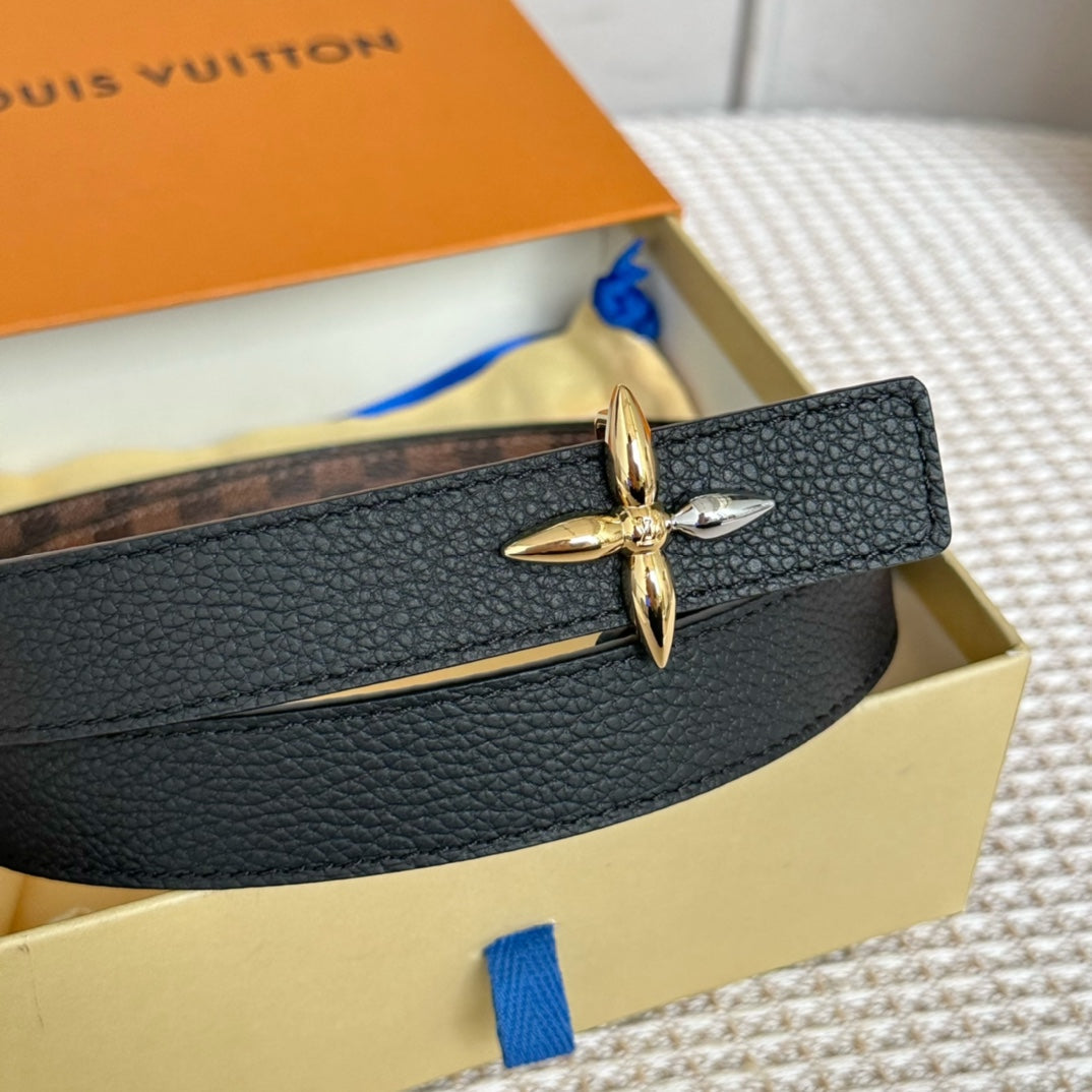 LOUIS VUITTON LV FLOWERGRAM 25 MM REVERSIBLE BELT IN BROWN DAMIER CALFSKIN GOLD MIX SILVER HARDWARE