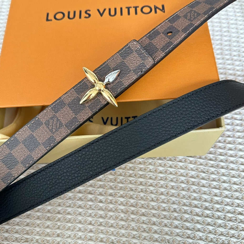 LOUIS VUITTON LV FLOWERGRAM 25 MM REVERSIBLE BELT IN BROWN DAMIER CALFSKIN GOLD MIX SILVER HARDWARE