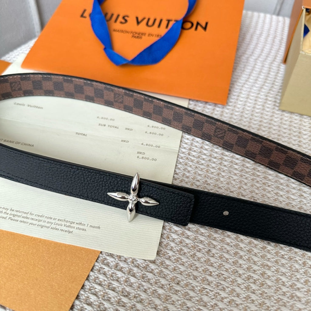 LOUIS VUITTON LV FLOWERGRAM 25 MM REVERSIBLE BELT IN BROWN DAMIER CALFSKIN SILVER HARDWARE