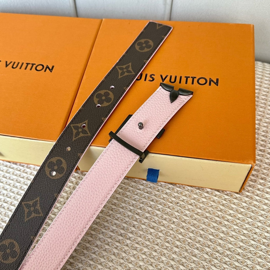 LOUIS VUITTON PRETTY LV 30MM REVERSIBLE BELT IN LIGHT PINK CALFSKIN BLACK HARDWARE