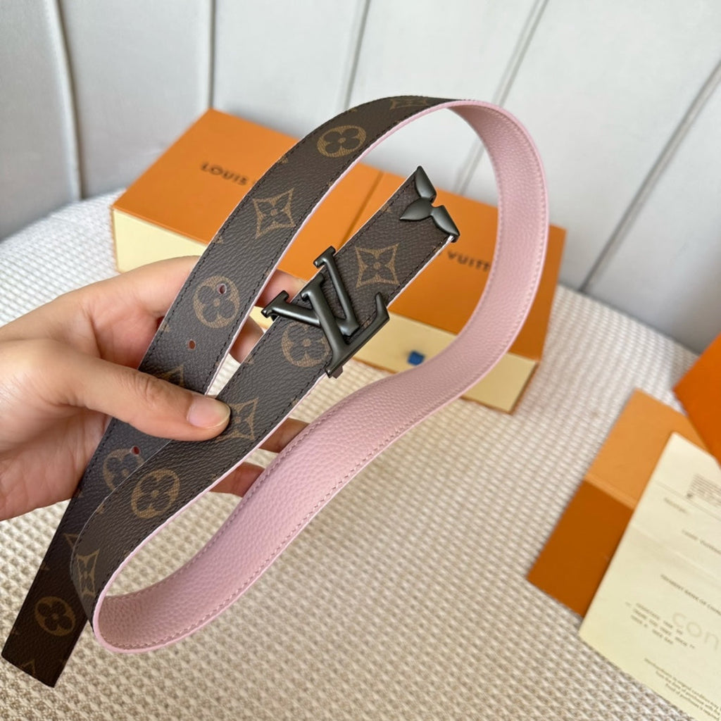 LOUIS VUITTON PRETTY LV 30MM REVERSIBLE BELT IN LIGHT PINK CALFSKIN BLACK HARDWARE