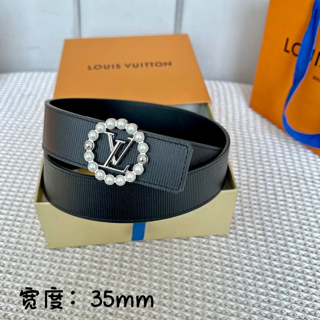 LOUIS VUITTON LV CIRCLE PEARL 35MM REVERSIBLE BELT IN BLACK CALFSKIN SILVER HARDWARE