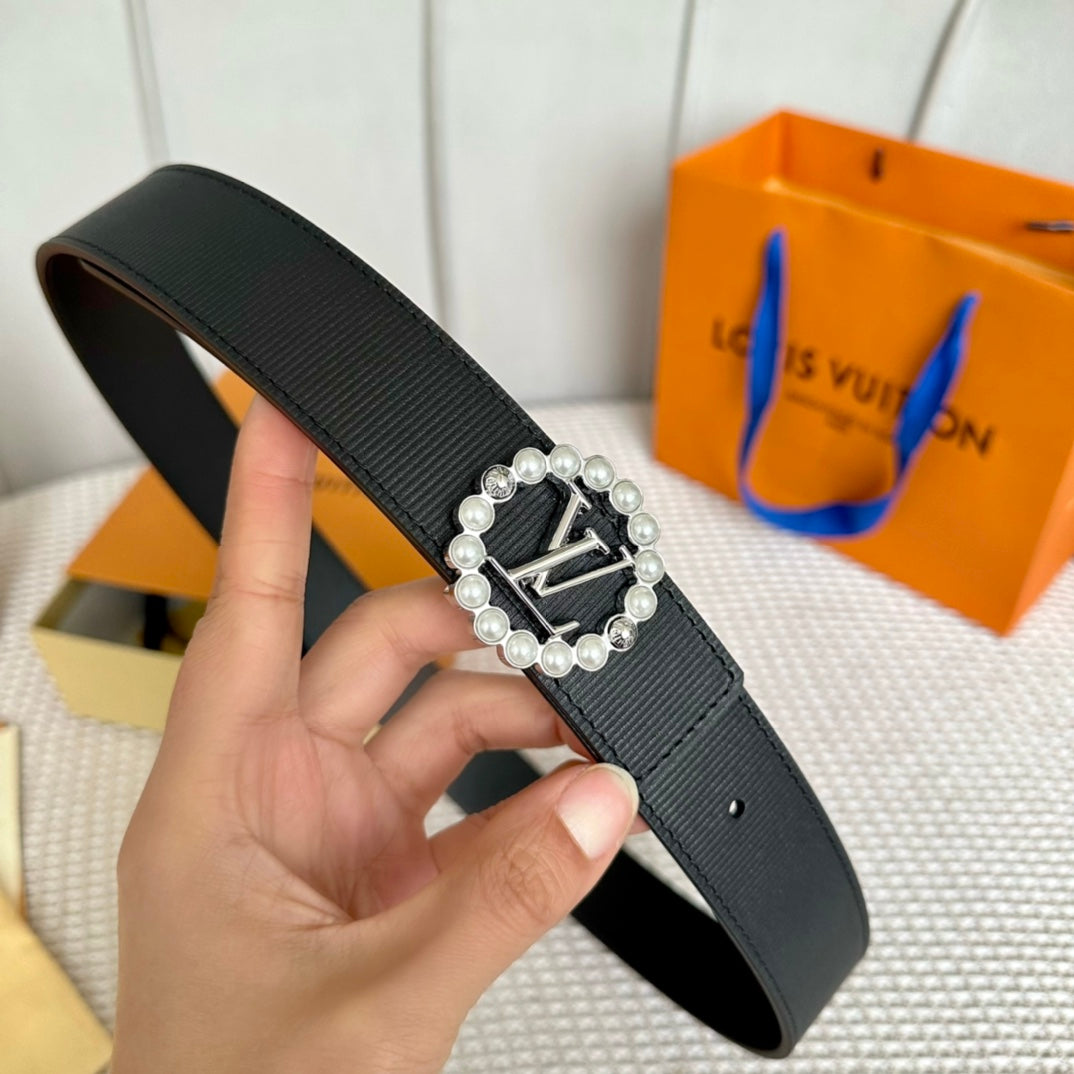 LOUIS VUITTON LV CIRCLE PEARL 35MM REVERSIBLE BELT IN BLACK CALFSKIN SILVER HARDWARE