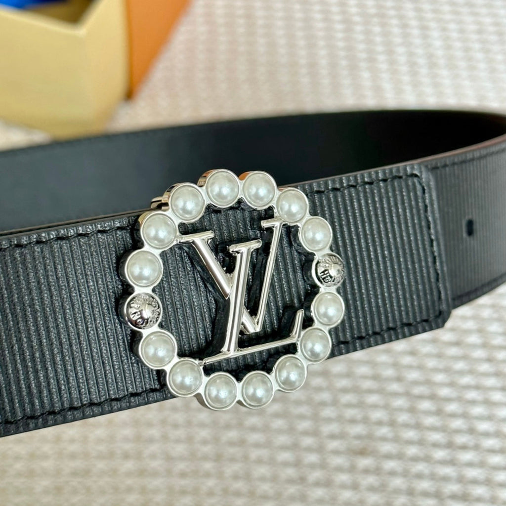 LOUIS VUITTON LV CIRCLE PEARL 35MM REVERSIBLE BELT IN BLACK CALFSKIN SILVER HARDWARE