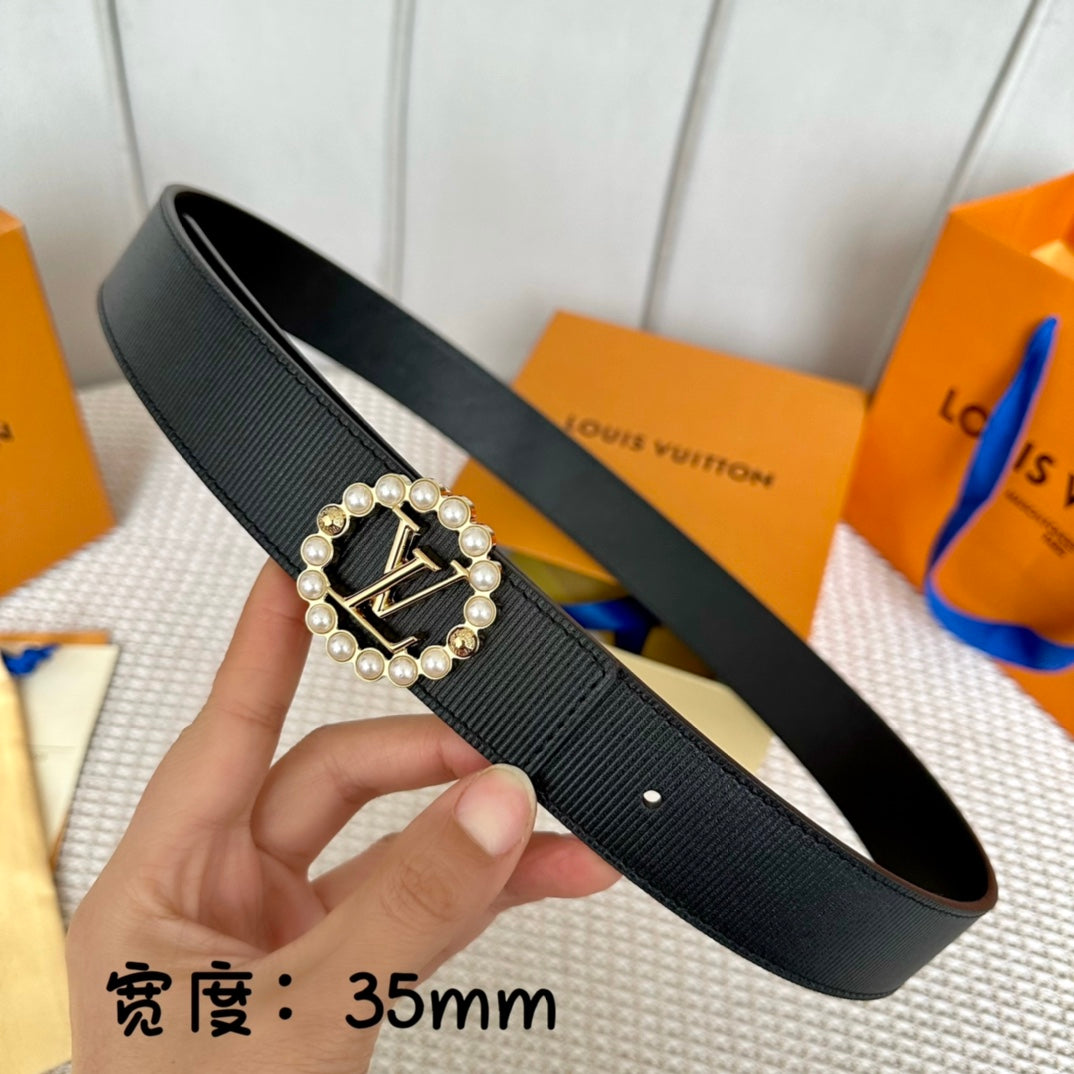 LOUIS VUITTON LV CIRCLE PEARL 35MM REVERSIBLE BELT IN BLACK CALFSKIN GOLD HARDWARE