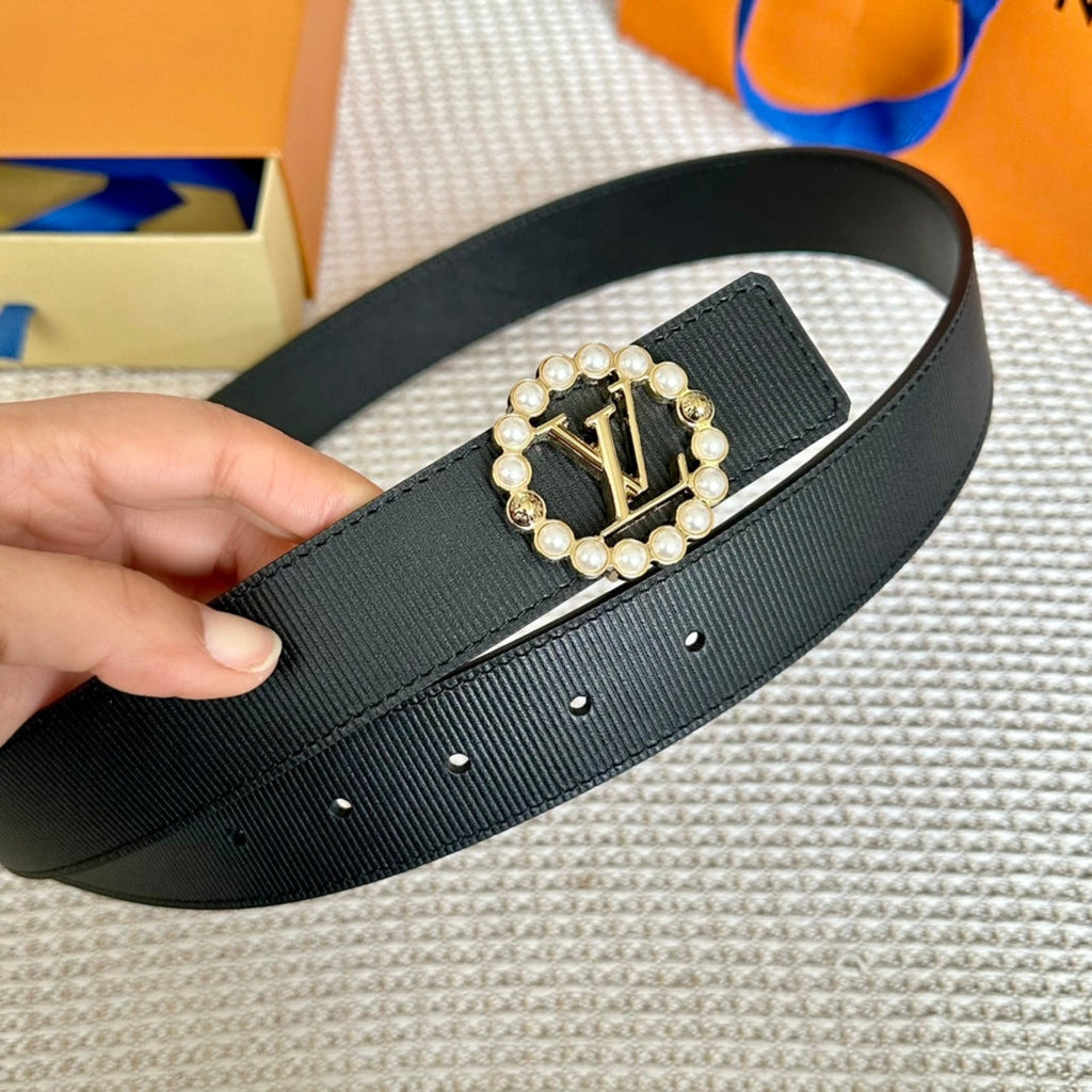 LOUIS VUITTON LV CIRCLE PEARL 35MM REVERSIBLE BELT IN BLACK CALFSKIN GOLD HARDWARE