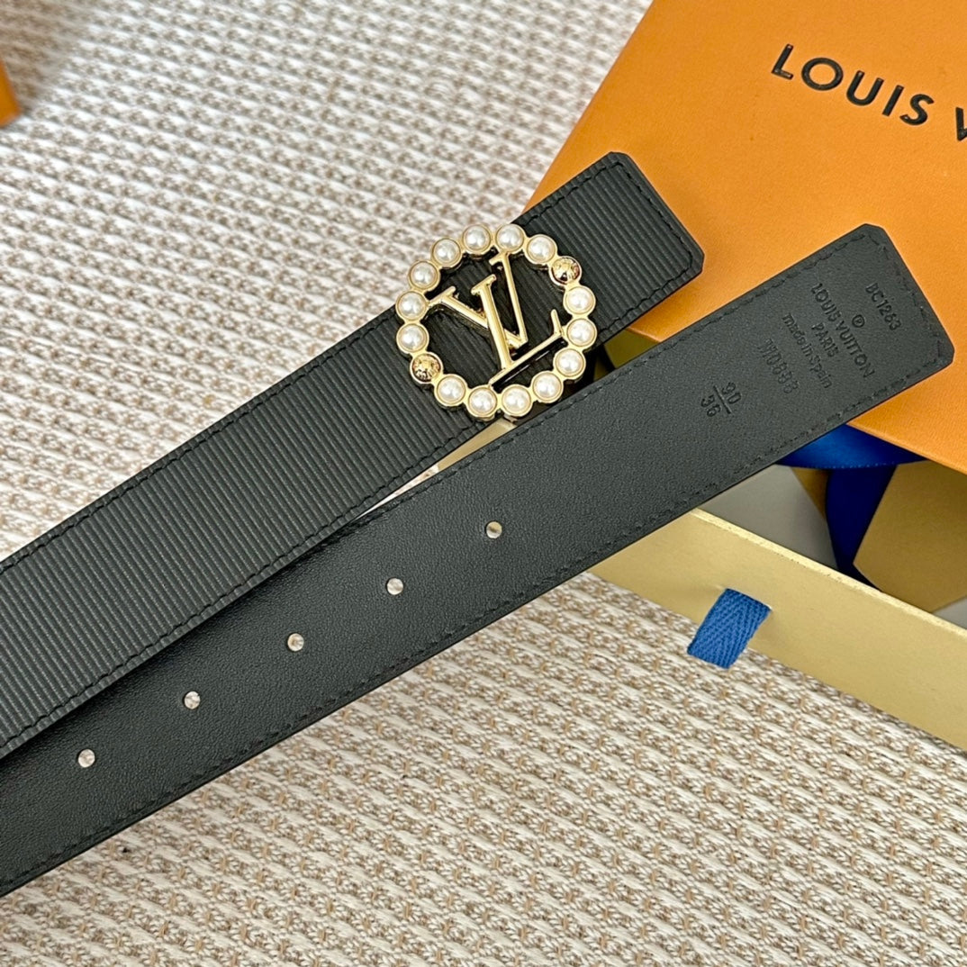 LOUIS VUITTON LV CIRCLE PEARL 35MM REVERSIBLE BELT IN BLACK CALFSKIN GOLD HARDWARE