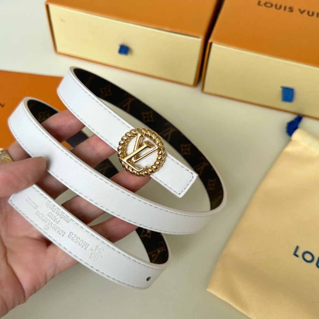 LOUIS VUITTON LV Circle Nautical 20mm Reversible Belt Gold Buckle White Brown Lambskin
