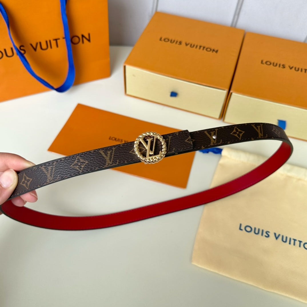 LOUIS VUITTON LV Circle Nautical 20mm Reversible Belt Gold Buckle Red Brown Lambskin