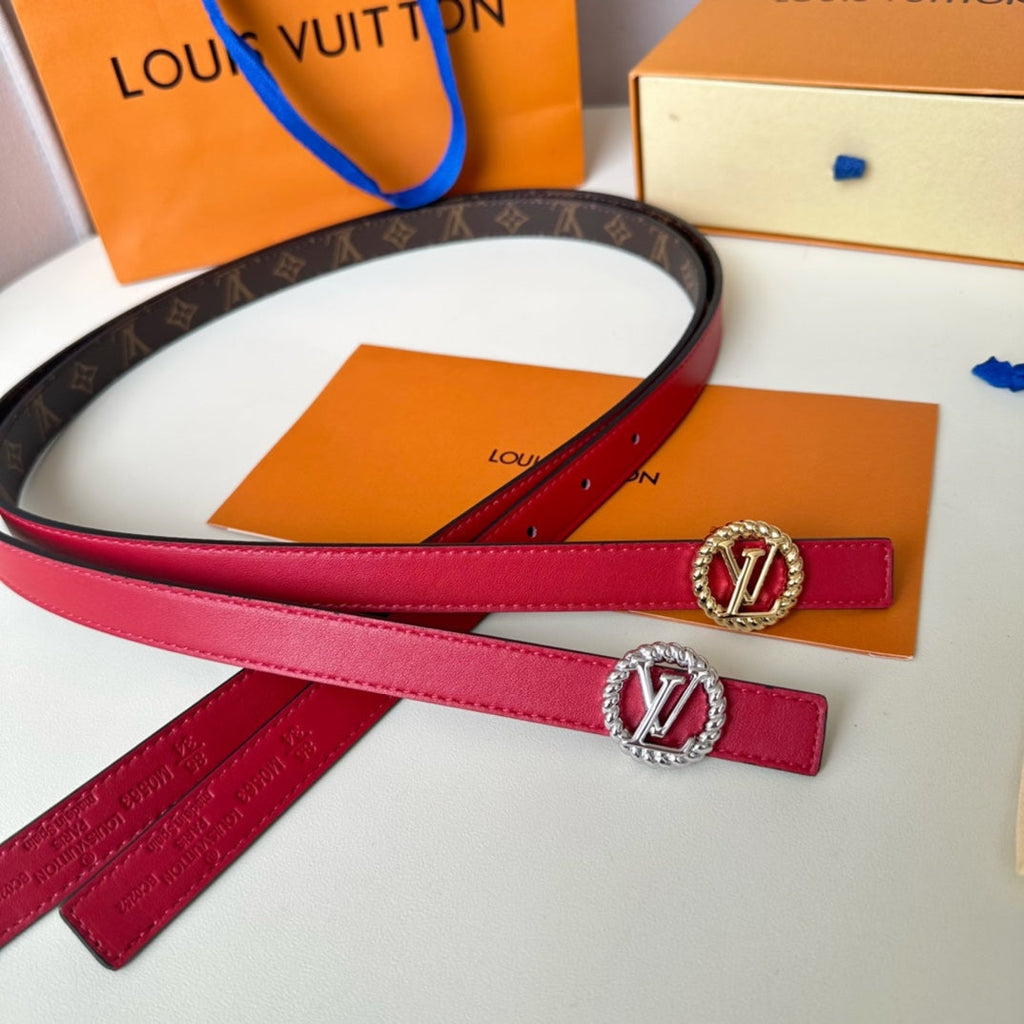 LOUIS VUITTON LV Circle Nautical 20mm Reversible Belt Gold Buckle Red Brown Lambskin