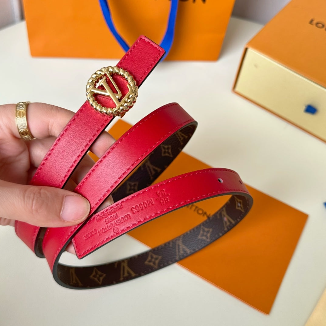 LOUIS VUITTON LV Circle Nautical 20mm Reversible Belt Gold Buckle Red Brown Lambskin