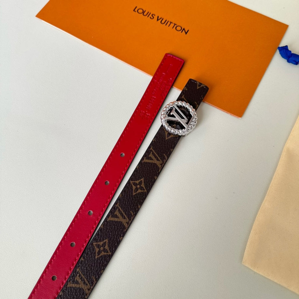 LOUIS VUITTON LV Circle Nautical 20mm Reversible Belt Silver Buckle Red Brown Lambskin