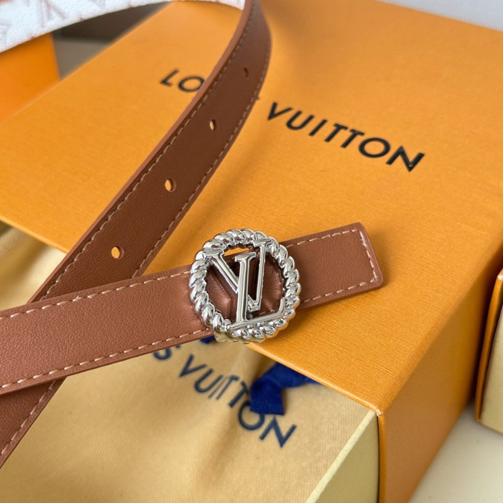 LOUIS VUITTON LV Circle Nautical 20mm Reversible Square End Tip Belt Silver Buckle Tan White lambskin
