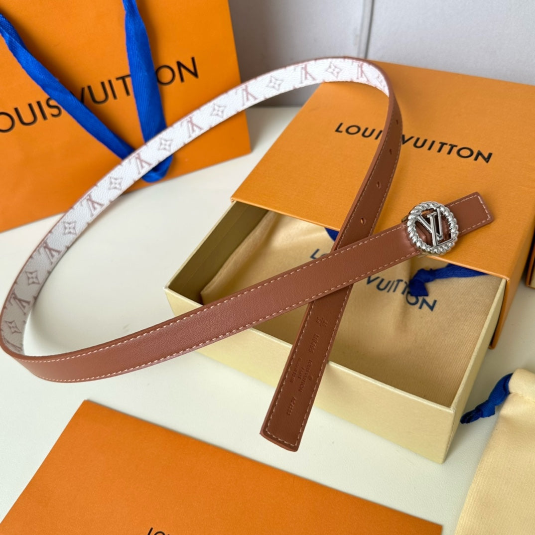 LOUIS VUITTON LV Circle Nautical 20mm Reversible Square End Tip Belt Silver Buckle Tan White lambskin
