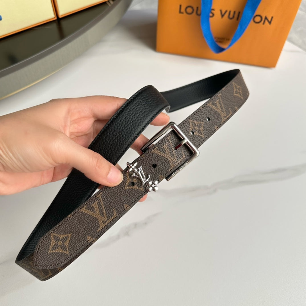 LOUIS VUITTON LV BLOOM 30MM BELT IN BROWN MONOGRAM CALFSKIN SILVER HARDWARE