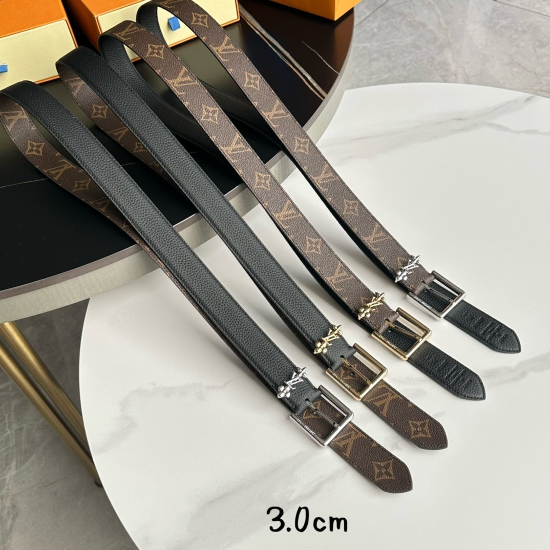 LOUIS VUITTON LV Bloom 30mm Belt Gold Buckle Black Brown Leather