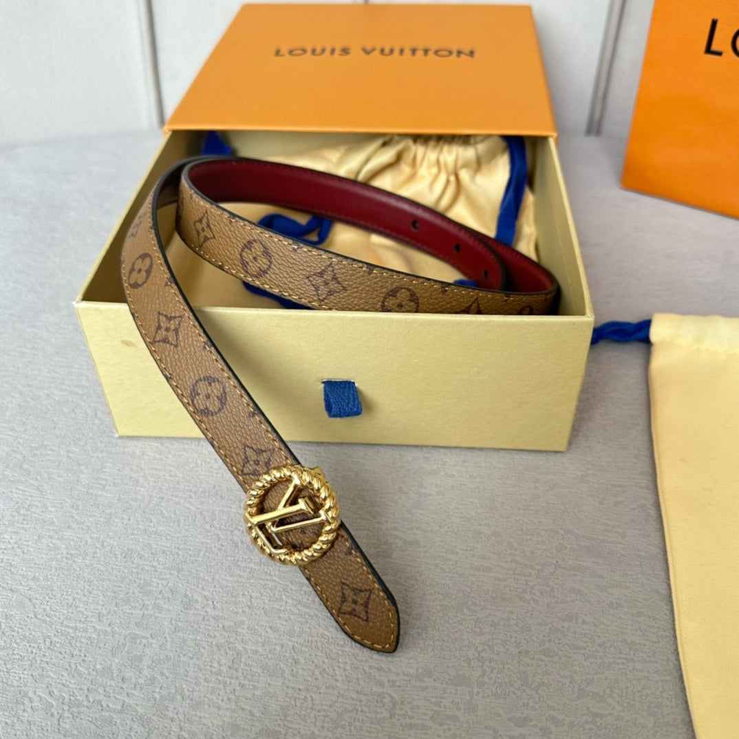 LOUIS VUITTON LV Circle Nautical 20mm Reversible Belt Gold Buckle Burgundy Light Brown Lambskin