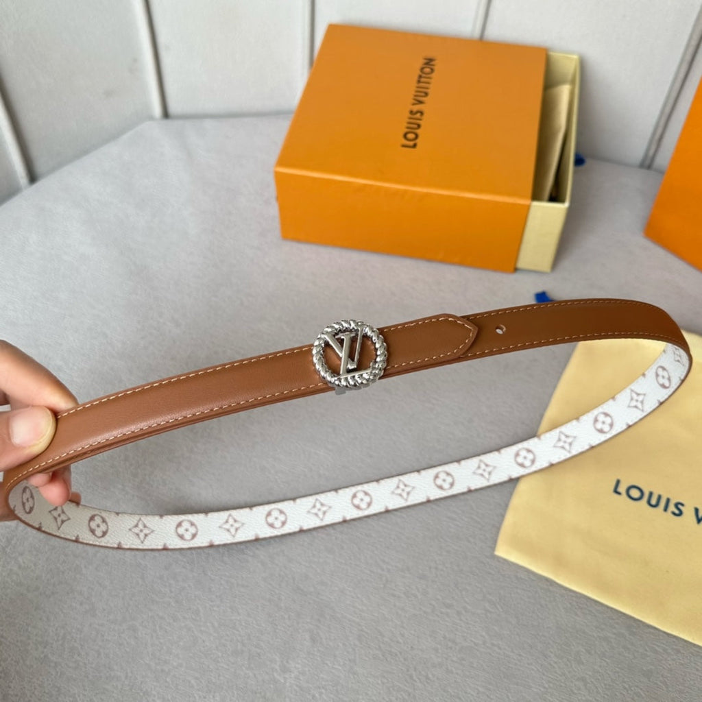 LOUIS VUITTON LV Circle Nautical 20mm Reversible Belt Silver Buckle Tan White Lambskin