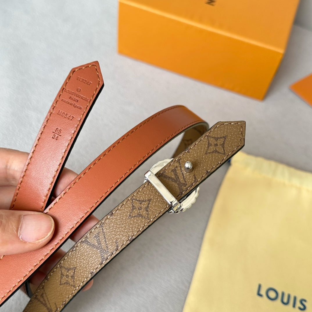 LOUIS VUITTON LV Circle Nautical 20mm Reversible Belt Silver Buckle Tan Light Brown Lambskin