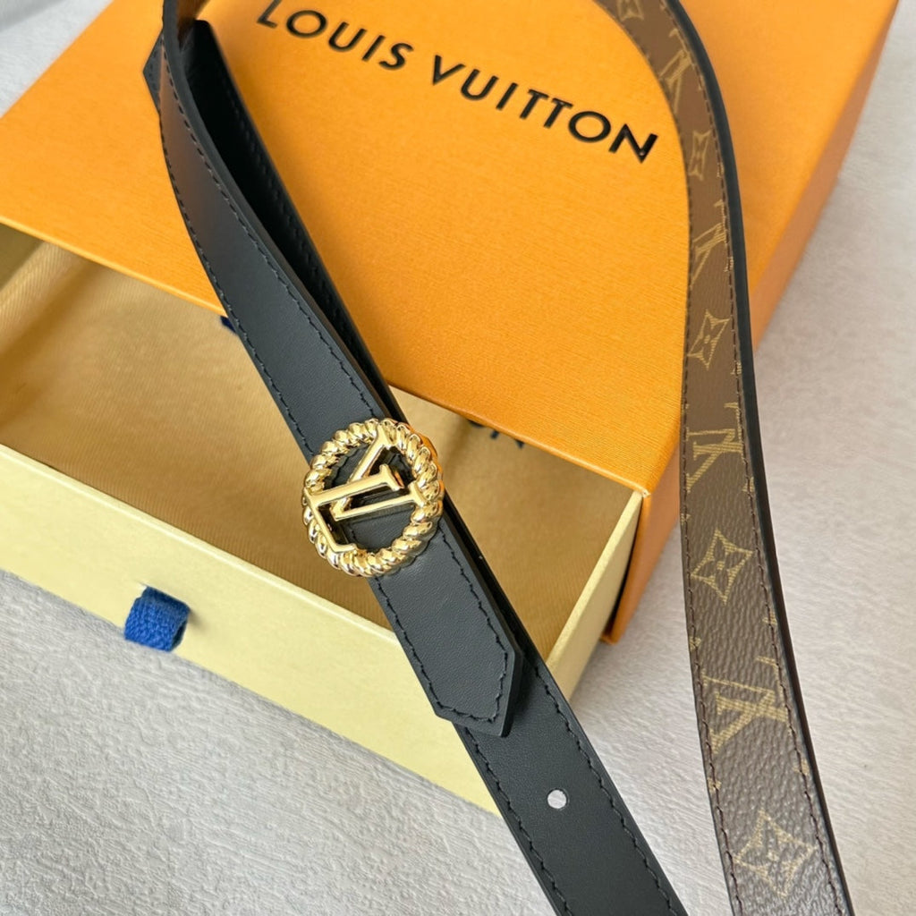 LOUIS VUITTON LV Circle Nautical 20mm Reversible Belt Gold Buckle Black Brown Lambskin