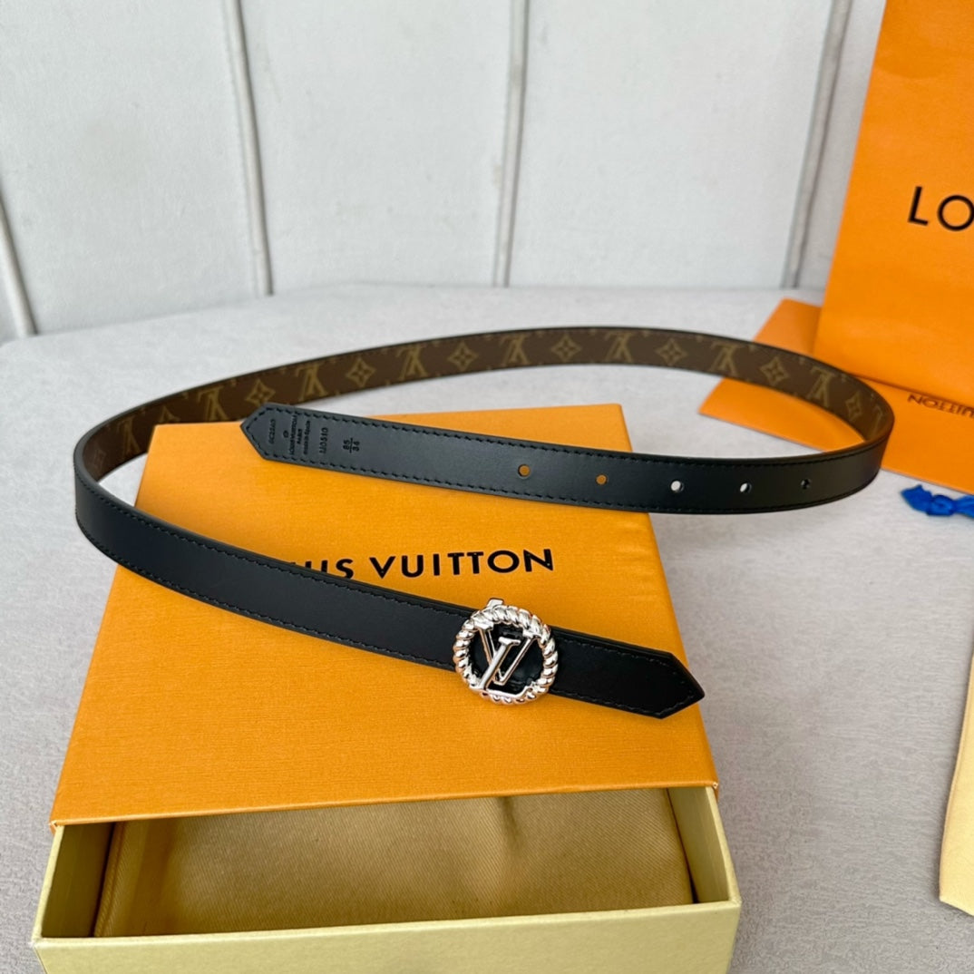 LOUIS VUITTON LV Circle Nautical 20mm Reversible Belt Silver Buckle Black Brown Lambskin