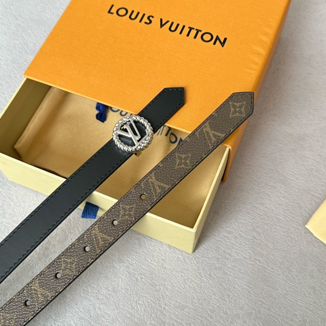 LOUIS VUITTON LV Circle Nautical 20mm Reversible Belt Silver Buckle Black Brown Lambskin