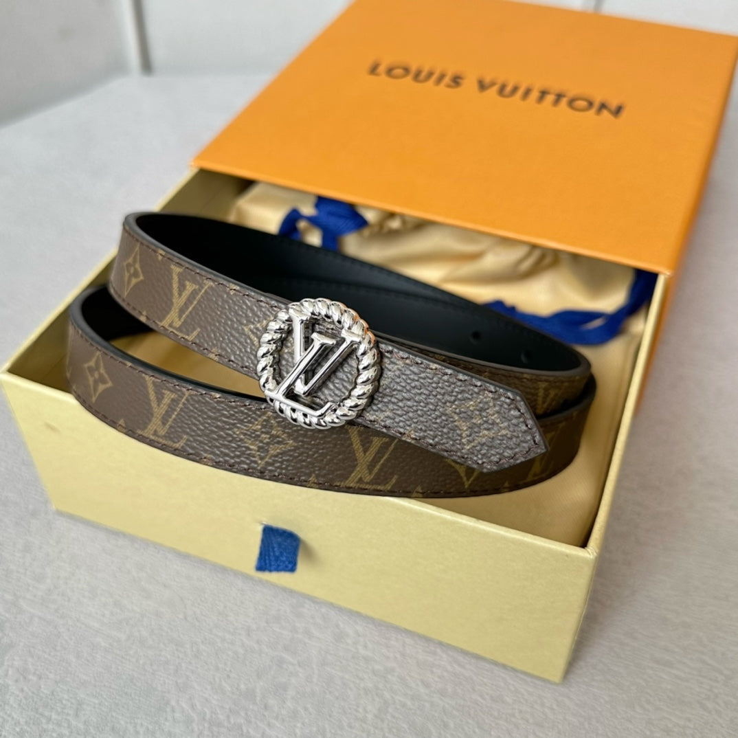 LOUIS VUITTON LV Circle Nautical 20mm Reversible Belt Silver Buckle Black Brown Lambskin