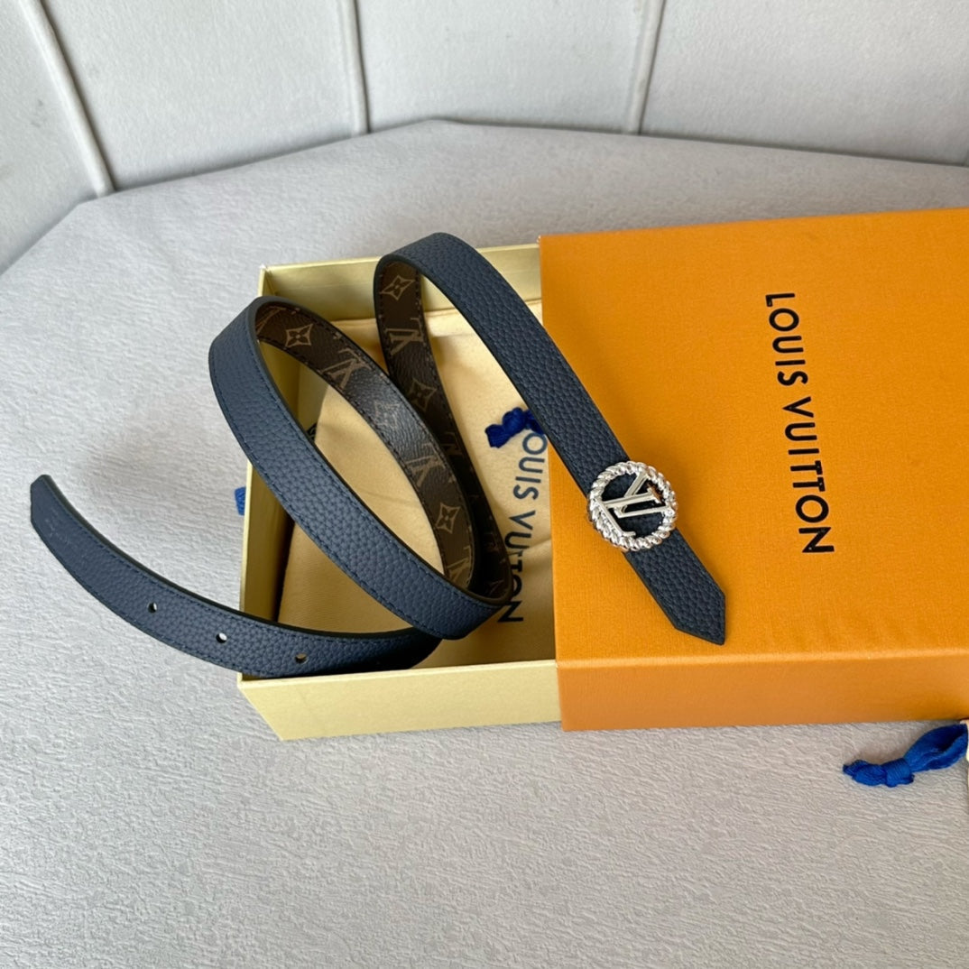 LOUIS VUITTON LV Circle Nautical 20mm Reversible Belt Silver Buckle Navy Blue Brown Leather